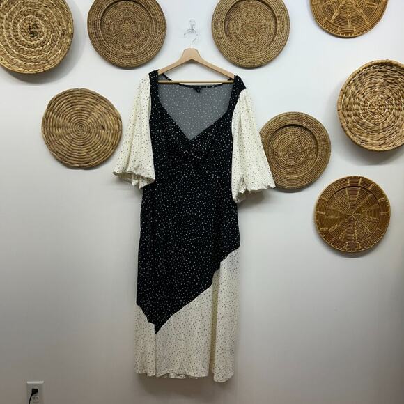 Torrid Black White Stretch Polka Dot Puff Sleeve Slit Midi Dress Plus Size 3X - Picture 2 of 8